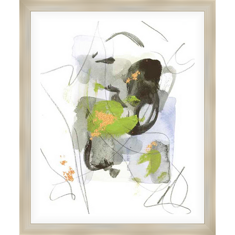 This abstract artwork features a blend of organic shapes and expressive lines, creating a dynamic composition that invites contemplation. Splashes of color and delicate pencil strokes build a textured design with an artistic feel.