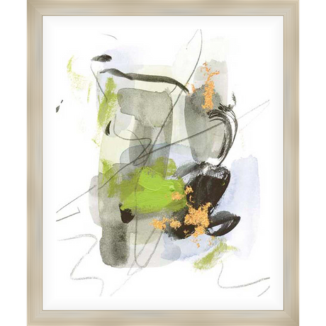 This abstract artwork showcases a dynamic interplay of brushstrokes and color washes, creating a sense of movement and depth. Fine lines and textured paint bring additional dimension.