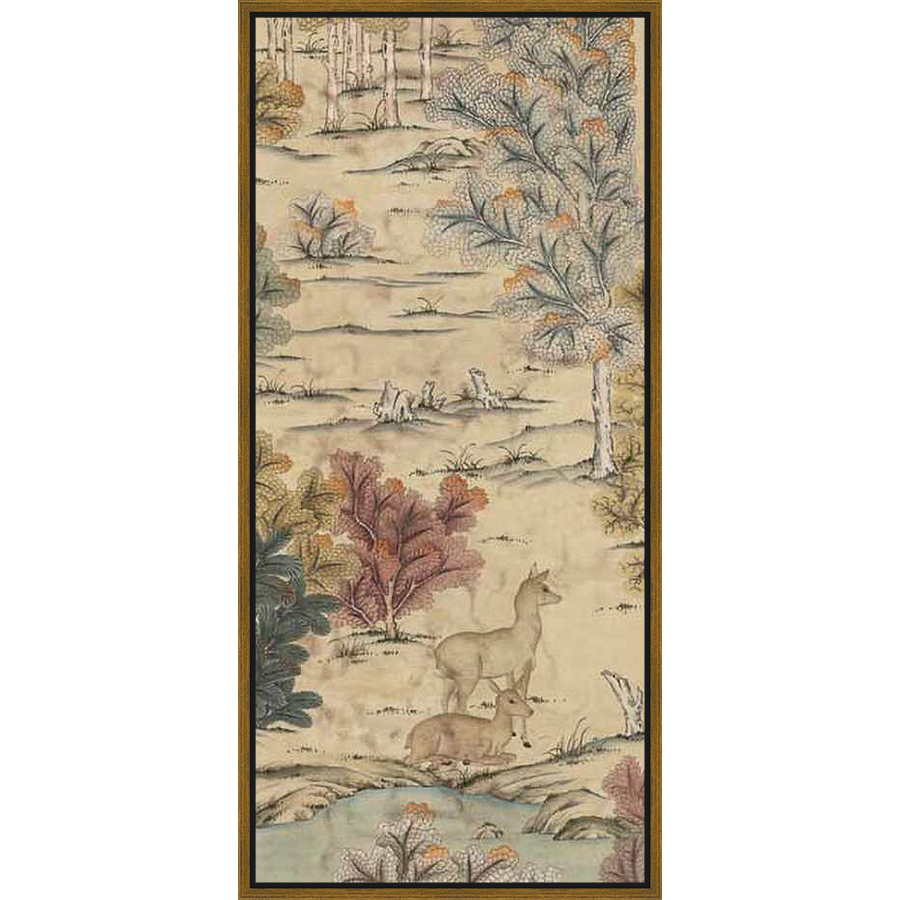 An elegant illustration depicts a serene forest scene with deer, trees, and a tranquil pond. This artwork captures the beauty of nature in a delicate and detailed style.