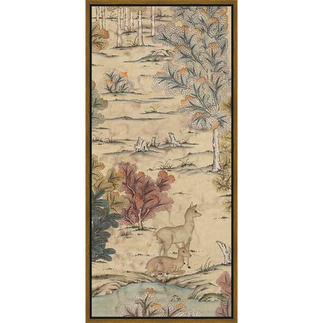 An elegant illustration depicts a serene forest scene with deer, trees, and a tranquil pond. This artwork captures the beauty of nature in a delicate and detailed style.