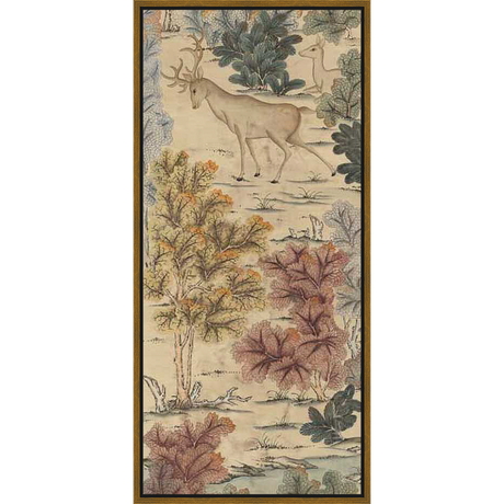 An elegant depiction of deer roaming in a vibrant forest, this artwork showcases a harmonious blend of nature and artistry. Featuring detailed trees and a serene landscape, this piece brings a touch of the outdoors to any living space.