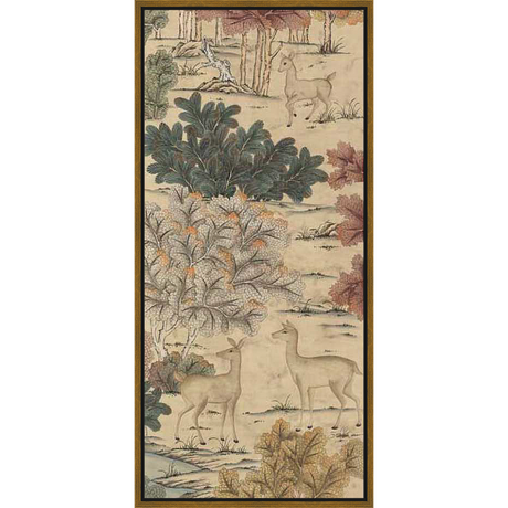 A serene artwork depicting deer gracefully inhabiting a lush, detailed forest setting, showcasing a timeless illustrative style.