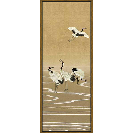 Capturing the elegance of traditional Japanese art, this artwork depicts graceful cranes in their natural habitat.  Evoking a sense of tranquility, the artwork features the birds in flight and standing in a serene waterscape.