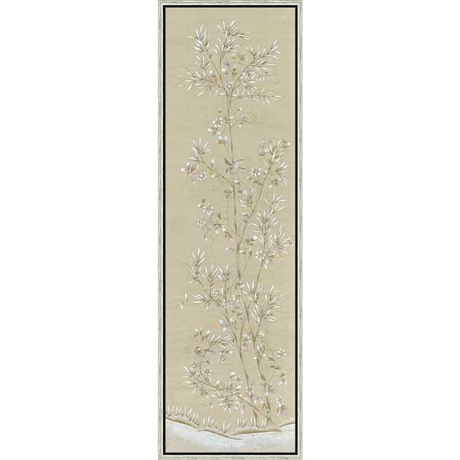 A delicate artwork depicts a flowering branch with elegant white blossoms and delicate leaves against a soft, neutral background. This piece captures a serene, natural aesthetic, perfect for adding a touch of tranquility to any space.