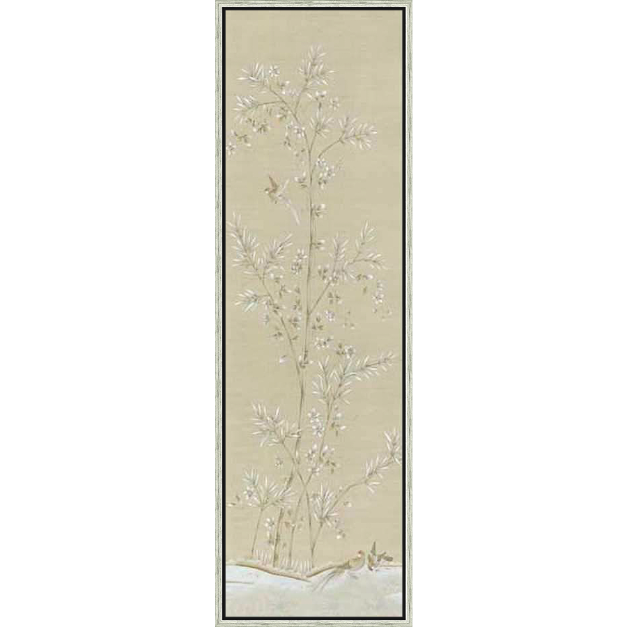 A delicate artwork showcases a blossoming tree with elegant white flowers and slender leaves. The composition features a subtle backdrop, and includes two birds at the base, evoking a sense of tranquility and natural beauty.