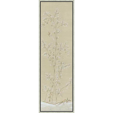 A delicate artwork showcases a blossoming tree with elegant white flowers and slender leaves. The composition features a subtle backdrop, and includes two birds at the base, evoking a sense of tranquility and natural beauty.