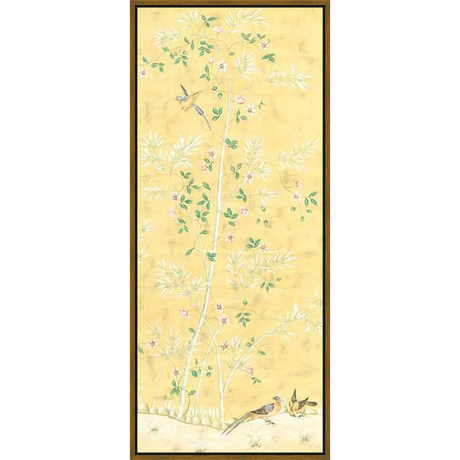 This artwork features a serene scene of bamboo with delicate blooms and birds against a warm yellow background, evoking a sense of tranquility. The birds, foliage, and bamboo create a visual harmony, perfect for adding a touch of nature and elegance to any space.