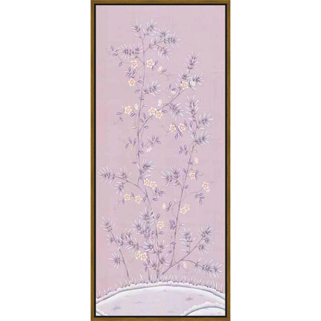 A delicate botanical artwork features stylized branches with pale, grey-green leaves and small, creamy yellow flowers, all set against a soft lilac background. The painting evokes a sense of serenity and natural beauty.
