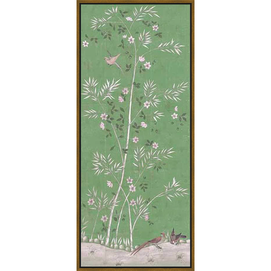 This elegant artwork depicts a serene landscape featuring bamboo, delicate flowers, and graceful birds against a muted green backdrop. The artwork is inspired by traditional Asian design and would make a beautiful addition to any room.