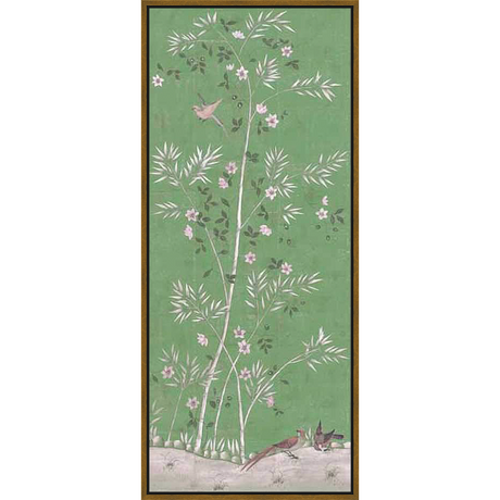 This elegant artwork depicts a serene landscape featuring bamboo, delicate flowers, and graceful birds against a muted green backdrop. The artwork is inspired by traditional Asian design and would make a beautiful addition to any room.