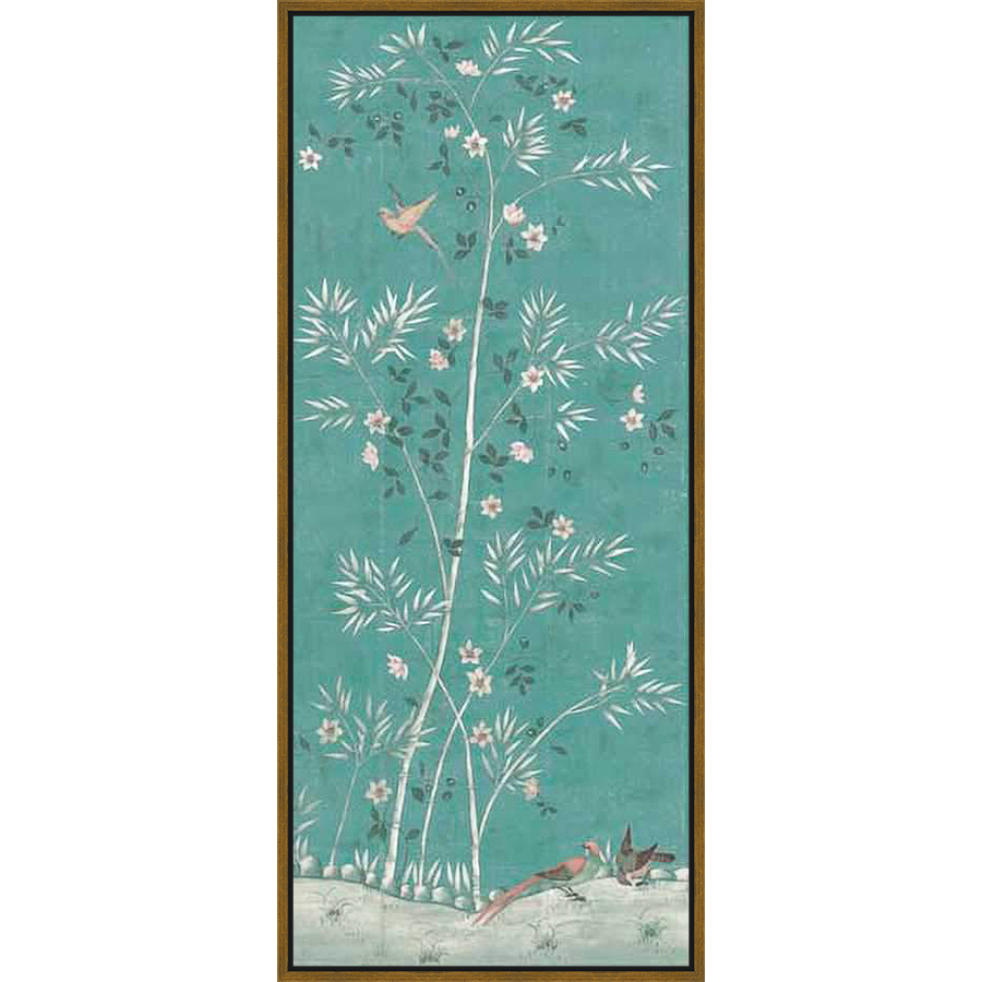 A serene artwork featuring bamboo trees and birds against a turquoise background, reminiscent of classic Chinoiserie design. Delicate details and soft colors create a peaceful, elegant aesthetic.