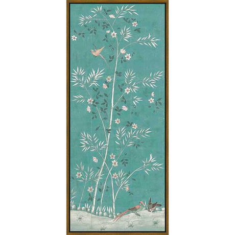 A serene artwork featuring bamboo trees and birds against a turquoise background, reminiscent of classic Chinoiserie design. Delicate details and soft colors create a peaceful, elegant aesthetic.