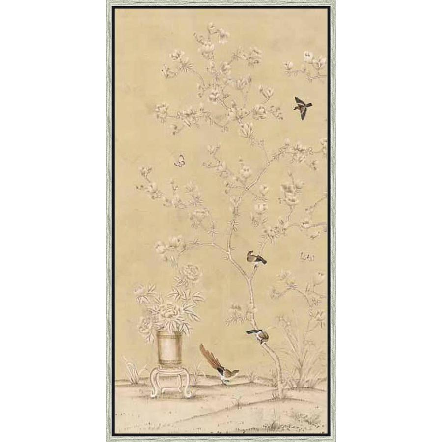 Delicate blossoms and perched birds grace this artwork, painted in soft hues on a muted backdrop. This piece evokes a serene, nature-inspired elegance.