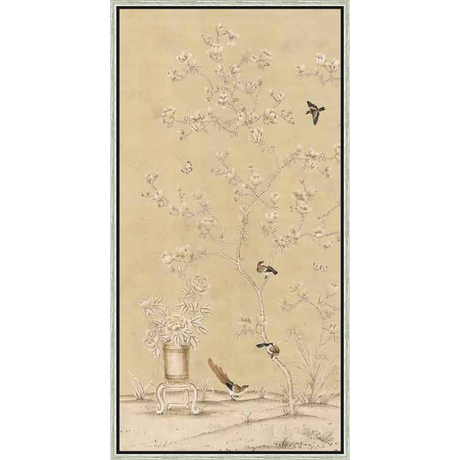 Delicate blossoms and perched birds grace this artwork, painted in soft hues on a muted backdrop. This piece evokes a serene, nature-inspired elegance.