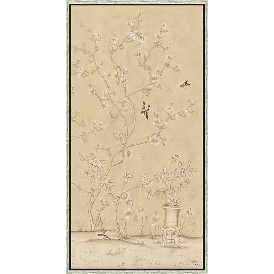 A serene artwork featuring delicate floral branches and small birds evokes a sense of tranquility. This print adds an elegant touch to any space with its timeless design and subtle color palette.