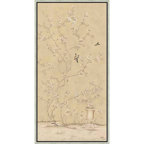 A serene artwork featuring delicate floral branches and small birds evokes a sense of tranquility. This print adds an elegant touch to any space with its timeless design and subtle color palette.