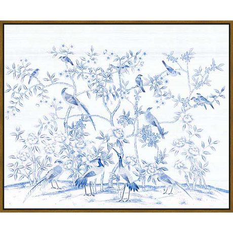 This stunning artwork depicts a serene scene of birds perched amongst flowering branches, rendered in a delicate blue and white color palette. This elegant piece adds a touch of nature and tranquility to any living space.
