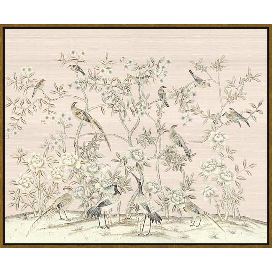 A serene botanical illustration featuring birds perched amongst blooming trees and foliage. This artwork evokes a sense of tranquility and elegance, perfect for adding a touch of nature-inspired beauty to any space.