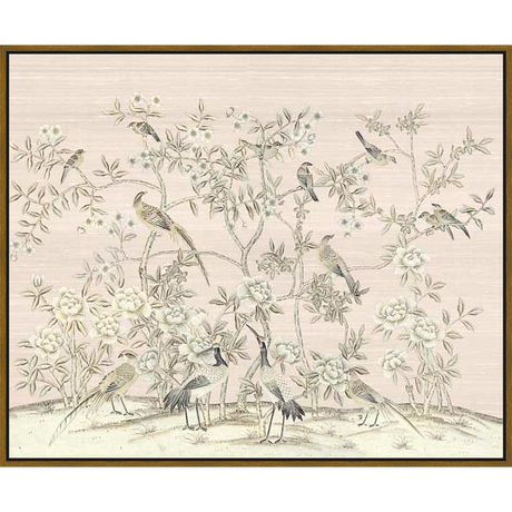 A serene botanical illustration featuring birds perched amongst blooming trees and foliage. This artwork evokes a sense of tranquility and elegance, perfect for adding a touch of nature-inspired beauty to any space.