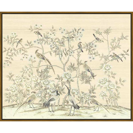 A beautiful illustration features birds perched among blossoming branches and floral arrangements. This artwork evokes a sense of tranquility and natural beauty, making it a perfect addition to any space seeking a touch of elegance and serenity.