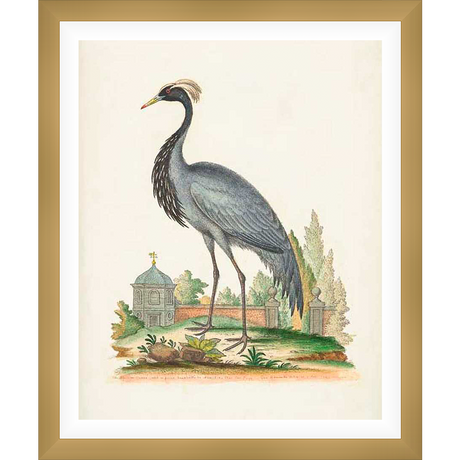 This stunning artwork depicts a detailed, hand-painted illustration of a crane standing in a garden. The piece showcases intricate detail and is sure to be a focal point. This print adds an element of nature and elegance.