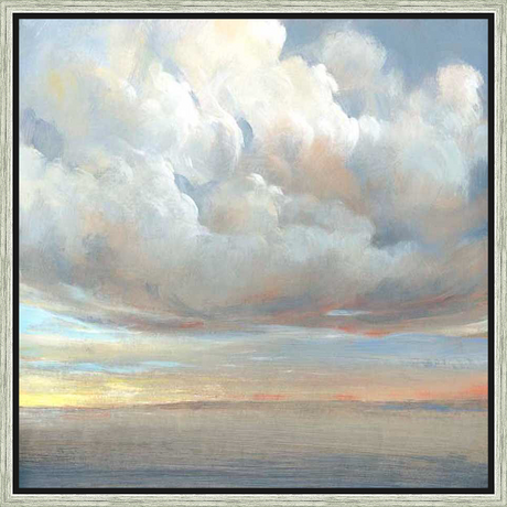 An atmospheric painting depicts a dramatic cloudscape rendered in soft hues. This artwork conveys a sense of peace and tranquility through its dreamy composition and subtle color palette.