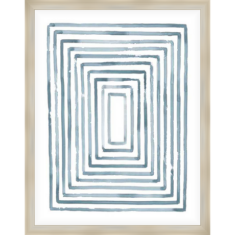 A modern abstract art piece showcasing a series of nested rectangles in shades of blue. This minimalist design adds a touch of sophistication to any space.