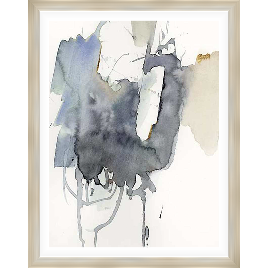 This abstract watercolor artwork features dynamic brushstrokes in a monochrome palette with hints of metallic gold. The piece captures an expressive and fluid artistic style, with a sense of movement and depth.