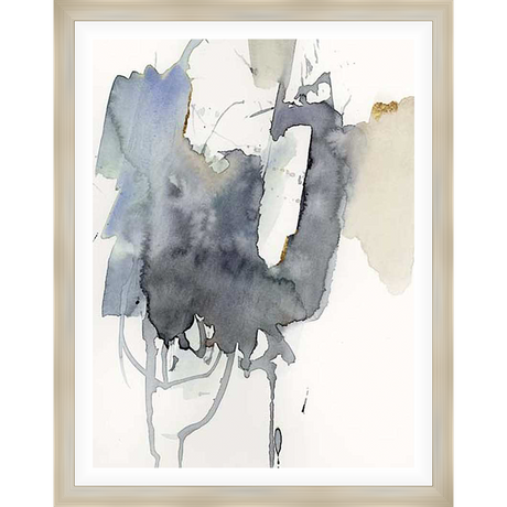 This abstract watercolor artwork features dynamic brushstrokes in a monochrome palette with hints of metallic gold. The piece captures an expressive and fluid artistic style, with a sense of movement and depth.