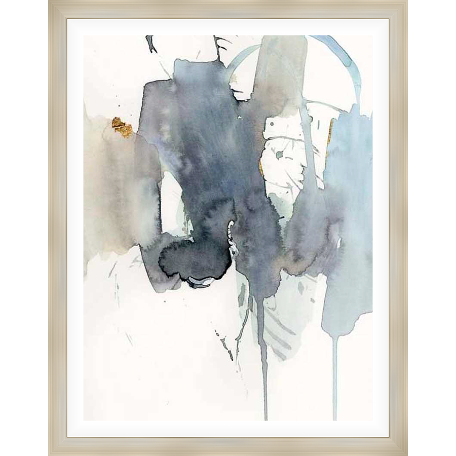 A modern abstract watercolor painting features layered washes of cool tones with gold accents. This artwork is a beautiful addition to any contemporary space, adding a touch of elegance and artistic expression.