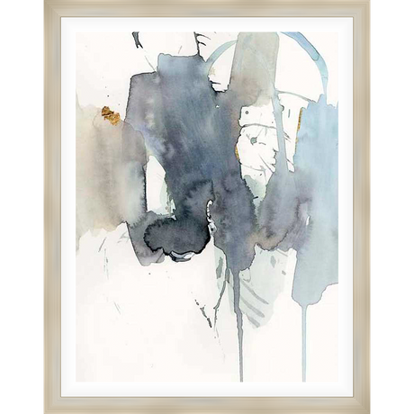 A modern abstract watercolor painting features layered washes of cool tones with gold accents. This artwork is a beautiful addition to any contemporary space, adding a touch of elegance and artistic expression.
