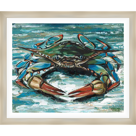 A vibrant, textured painting captures a blue crab, its form rendered in expressive brushstrokes. This artwork evokes the essence of coastal life, bringing a touch of the sea to your home.