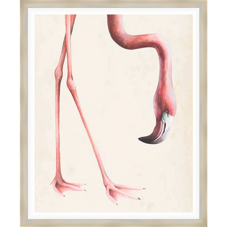 A graceful flamingo is captured in a unique, artistic pose, its long legs and elegant neck creating a sense of movement and tranquility. This watercolor artwork adds a touch of nature-inspired beauty to any space.