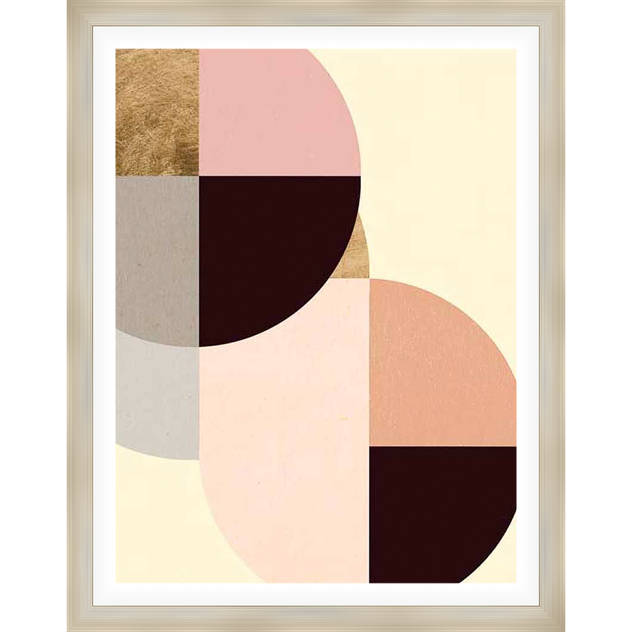 This modern abstract art piece features a unique geometric design with overlapping shapes. The composition utilizes soft colors and contrasting dark elements to create a balanced and eye-catching visual experience. Ideal for adding a touch of contemporary elegance to any space.