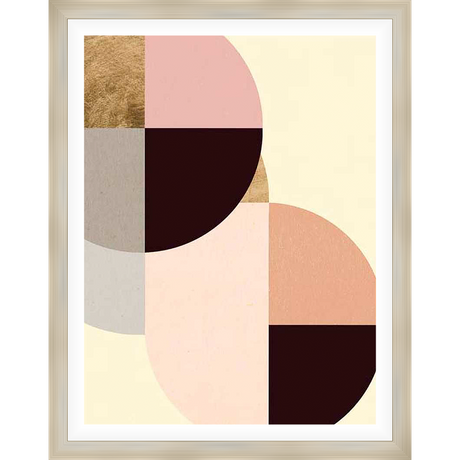 This modern abstract art piece features a unique geometric design with overlapping shapes. The composition utilizes soft colors and contrasting dark elements to create a balanced and eye-catching visual experience. Ideal for adding a touch of contemporary elegance to any space.