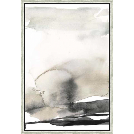 This abstract artwork features a delicate wash of watercolor, evoking a sense of calm and serenity. The piece uses a muted palette with layers of grey and black, creating a visual landscape for any room.