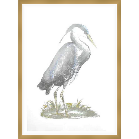 This detailed artwork depicts a graceful heron in a classical style, rendered in muted tones and subtle shading. The bird is shown in profile, with a sharp beak and elongated neck, standing amongst delicate grasses. The print is a timeless piece that will elevate any interior space.