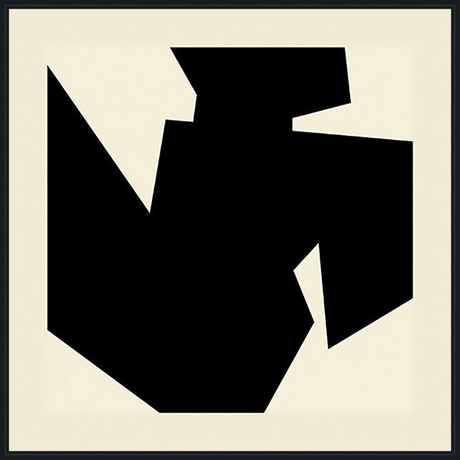 Abstract geometric artwork features striking black shapes set against a creamy background, creating a modern and minimalist aesthetic.
