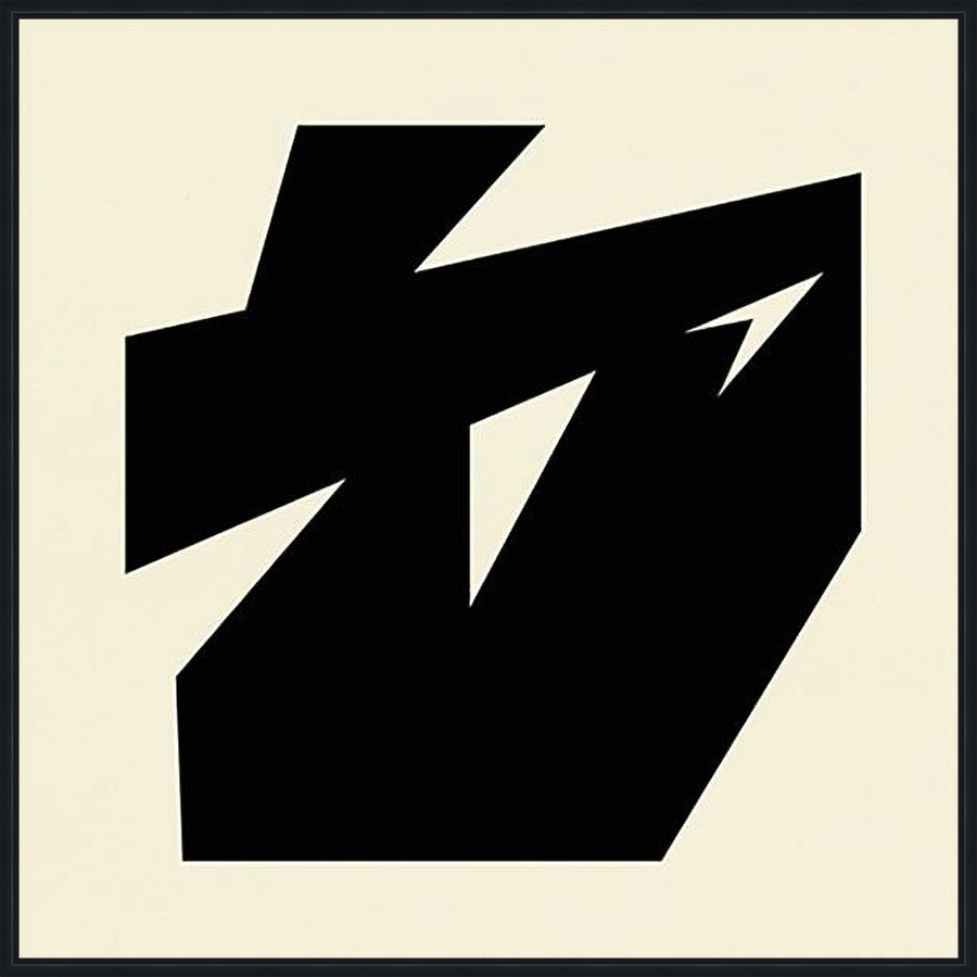 This striking abstract art piece showcases a bold geometric composition. Contrasting black shapes punctuate a neutral background, creating a modern visual impact. The sharp lines and angular forms offer a dynamic, eye-catching design.