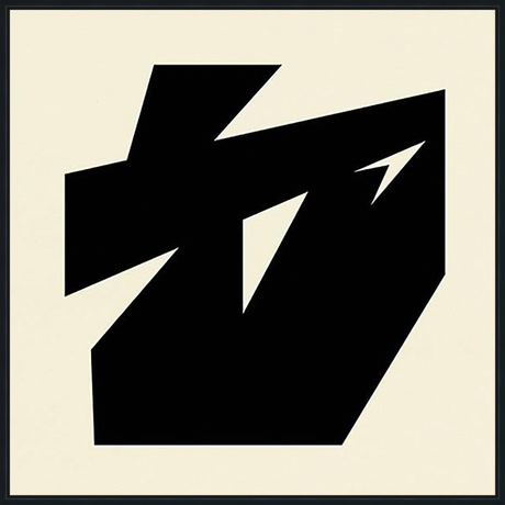 This striking abstract art piece showcases a bold geometric composition. Contrasting black shapes punctuate a neutral background, creating a modern visual impact. The sharp lines and angular forms offer a dynamic, eye-catching design.