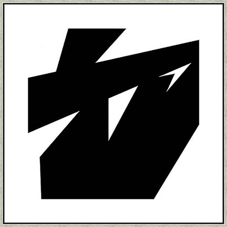 This minimalist artwork features a striking geometric composition with bold black shapes against a pristine white backdrop. The design utilizes sharp angles and contrasting forms to create a dynamic and visually arresting piece, perfect for modern spaces.