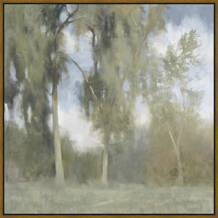 This stunning artwork captures the ethereal beauty of a misty forest scene. Delicate brushstrokes depict towering trees and soft light filtering through the leaves, evoking a sense of tranquility and serenity. The muted color palette of greens, blues, and browns creates a harmonious and calming atmosphere, making this piece a perfect addition to any space seeking a touch of nature's grace.