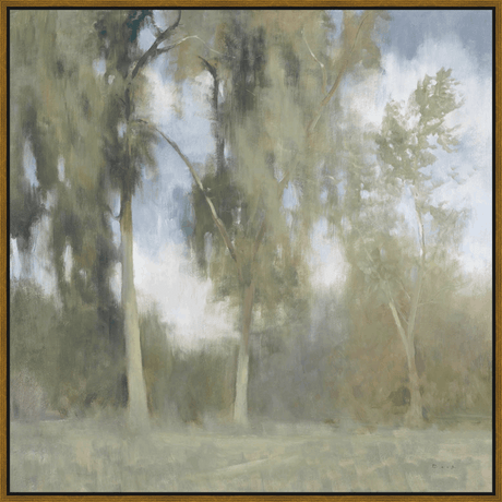 This stunning artwork captures the ethereal beauty of a misty forest scene. Delicate brushstrokes depict towering trees and soft light filtering through the leaves, evoking a sense of tranquility and serenity. The muted color palette of greens, blues, and browns creates a harmonious and calming atmosphere, making this piece a perfect addition to any space seeking a touch of nature's grace.