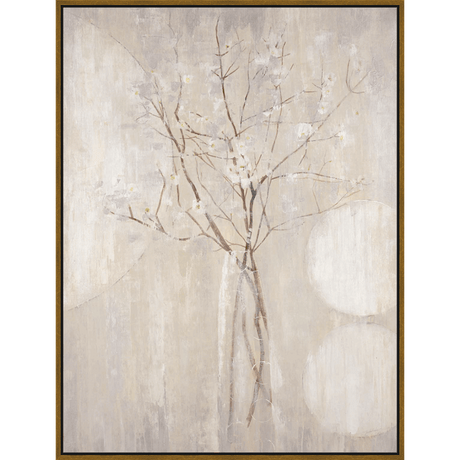 A serene depiction of a vase holding delicate branches of white blossoms is presented in this artwork. The neutral color palette creates a sense of calm with its soft brushstrokes and layered textures. It makes for a sophisticated accent to any space.