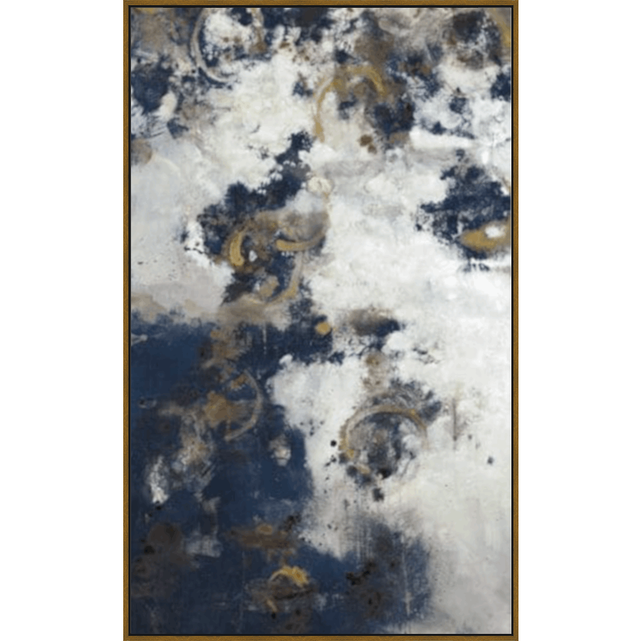 A captivating abstract painting features a mix of textures and colors, with layered washes of navy, white, and metallic gold accents. The artwork creates an ethereal, dreamlike effect with its organic shapes and overlapping forms, evoking a sense of depth and movement. This piece is an excellent choice for adding a touch of modern elegance to any space.