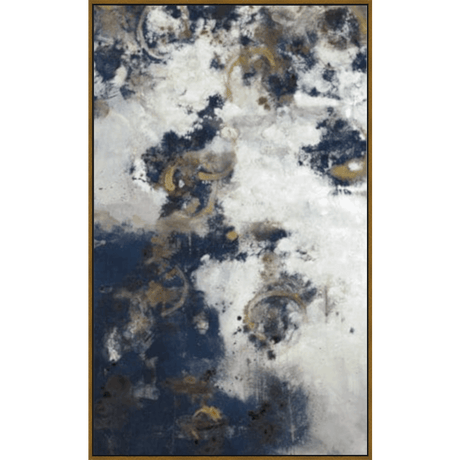 A captivating abstract painting features a mix of textures and colors, with layered washes of navy, white, and metallic gold accents. The artwork creates an ethereal, dreamlike effect with its organic shapes and overlapping forms, evoking a sense of depth and movement. This piece is an excellent choice for adding a touch of modern elegance to any space.