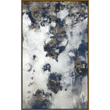This original abstract artwork presents a stunning interplay of textures and colors, featuring a dynamic composition of sweeping strokes and circular motifs. The deep blues and warm golds blend with soft whites to create a mesmerizing visual experience. This piece will undoubtedly bring a touch of elegance and sophistication to any space.