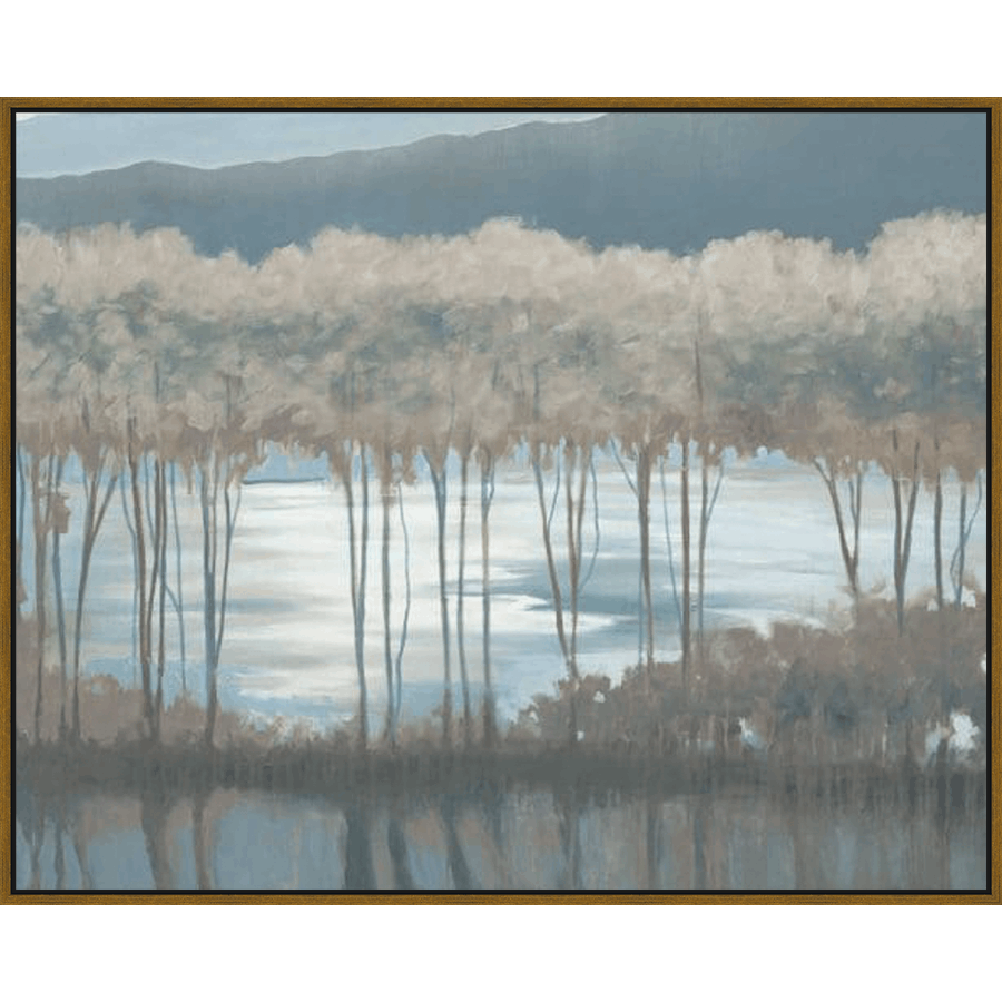This serene painting depicts a tranquil landscape with a soft, muted color palette. Tall, slender trees line a body of water, their reflections creating a sense of depth and symmetry. Rolling hills fade into the background under a hazy sky, evoking a feeling of peace and quietude.