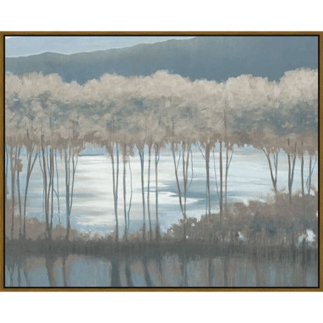 This serene painting depicts a tranquil landscape with a soft, muted color palette. Tall, slender trees line a body of water, their reflections creating a sense of depth and symmetry. Rolling hills fade into the background under a hazy sky, evoking a feeling of peace and quietude.