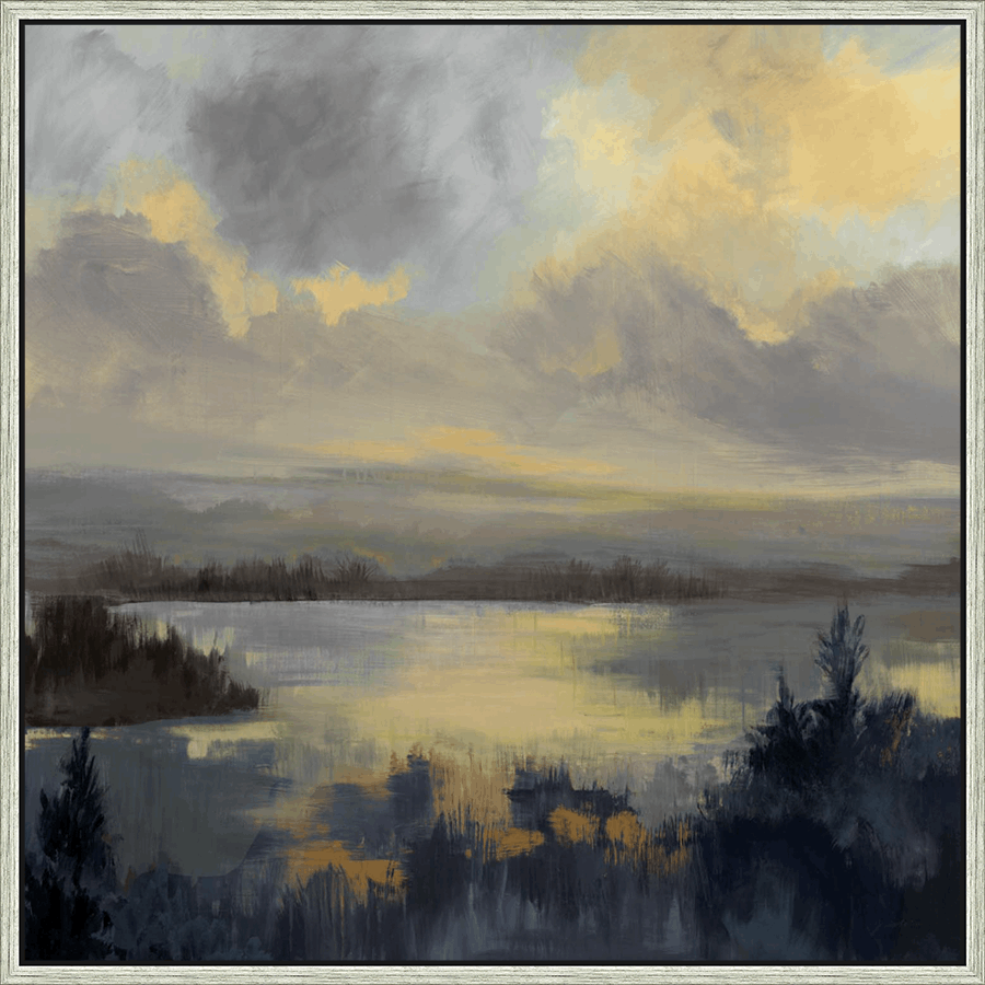 This artwork captures a serene landscape with an expressive painterly style. Overlooking a calm body of water, the piece evokes a sense of tranquility with its soft hues of grey, yellow and blue. The brushstrokes create a dynamic interplay of light and shadow, from the soft, glowing clouds in the sky, to the darker, grounded areas of the land, trees and vegetation. The painting invites contemplation.